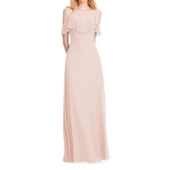 Levkoff Ruffle Shoulder Chiffon Gown - Picture 1 of 8